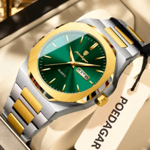 Gold green POEDAGAR 825 Quartz Analog Watch with day and date display.