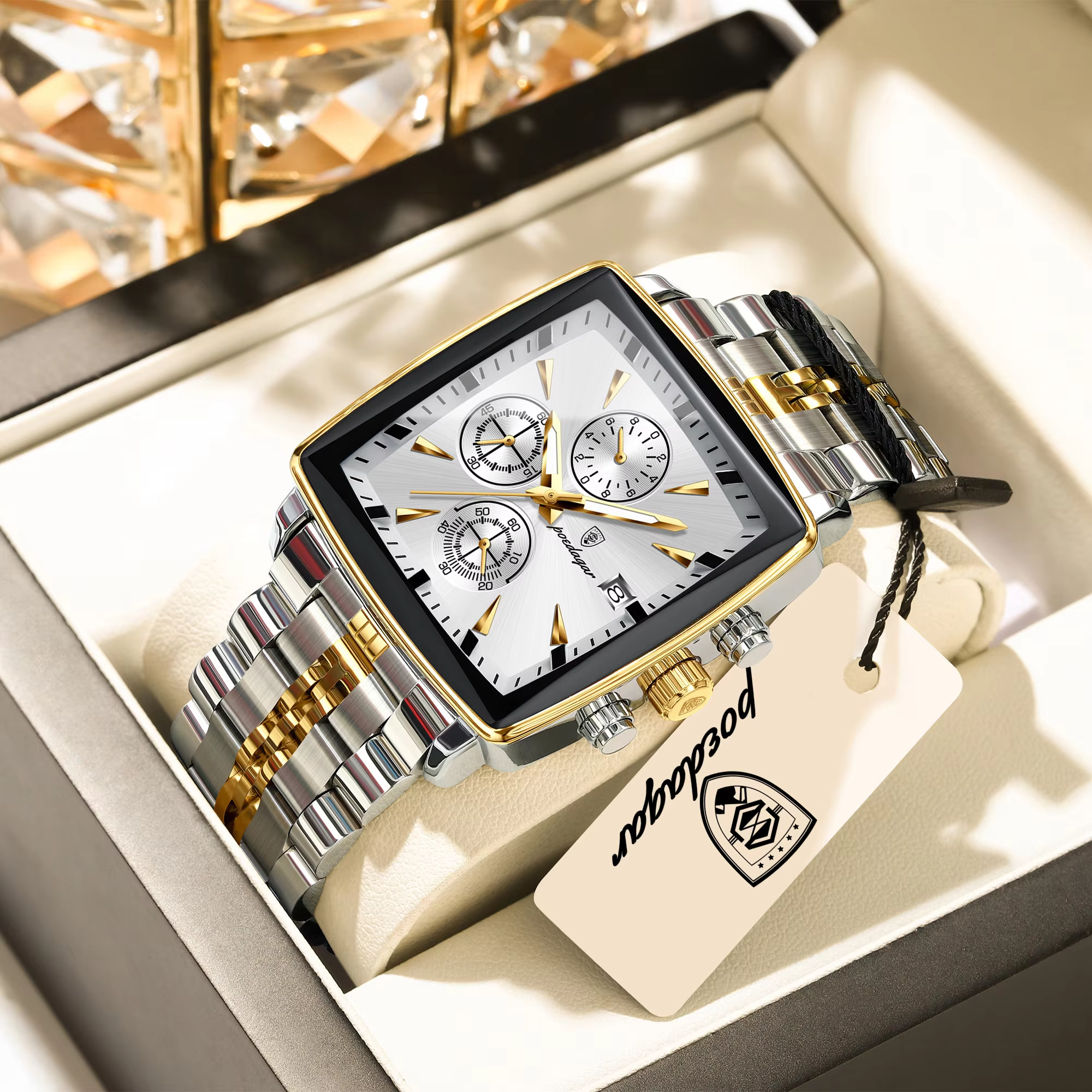 Silver and gold POEDAGAR 866 Quartz Chronograph Watch displayed in a presentation box.