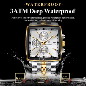 POEDAGAR 866 Quartz Chronograph Watch splashing in water demonstrating 30M water resistance.
