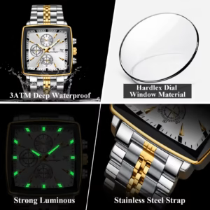 POEDAGAR 866 Quartz Chronograph Watch gallery showing waterproof, luminous, crystal, and stainless steel strap features.