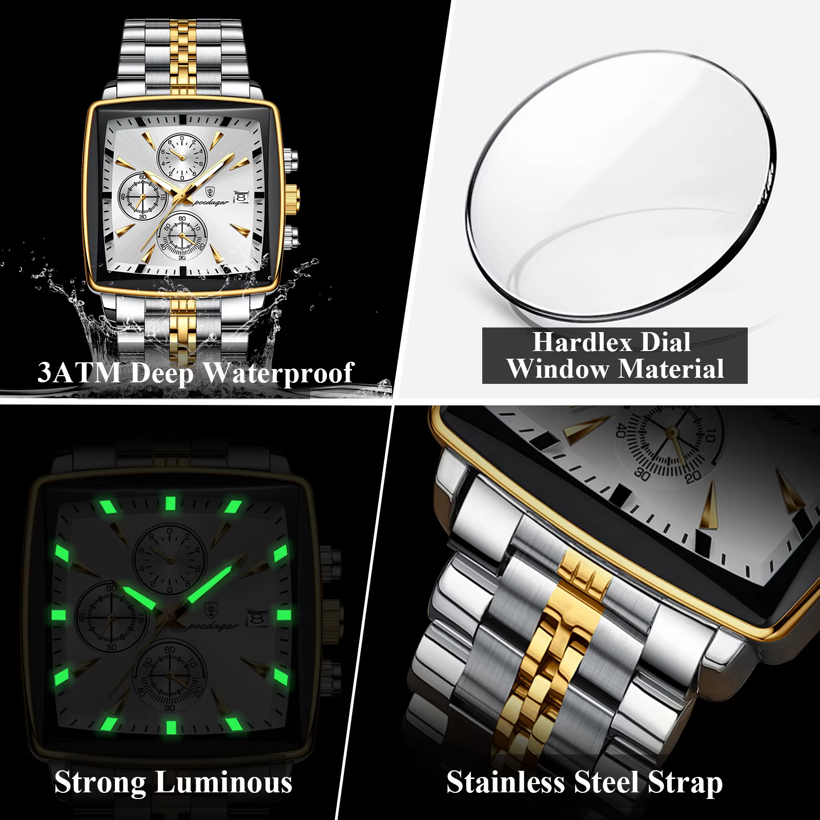 POEDAGAR 866 Quartz Chronograph Watch gallery showing waterproof, luminous, crystal, and stainless steel strap features.