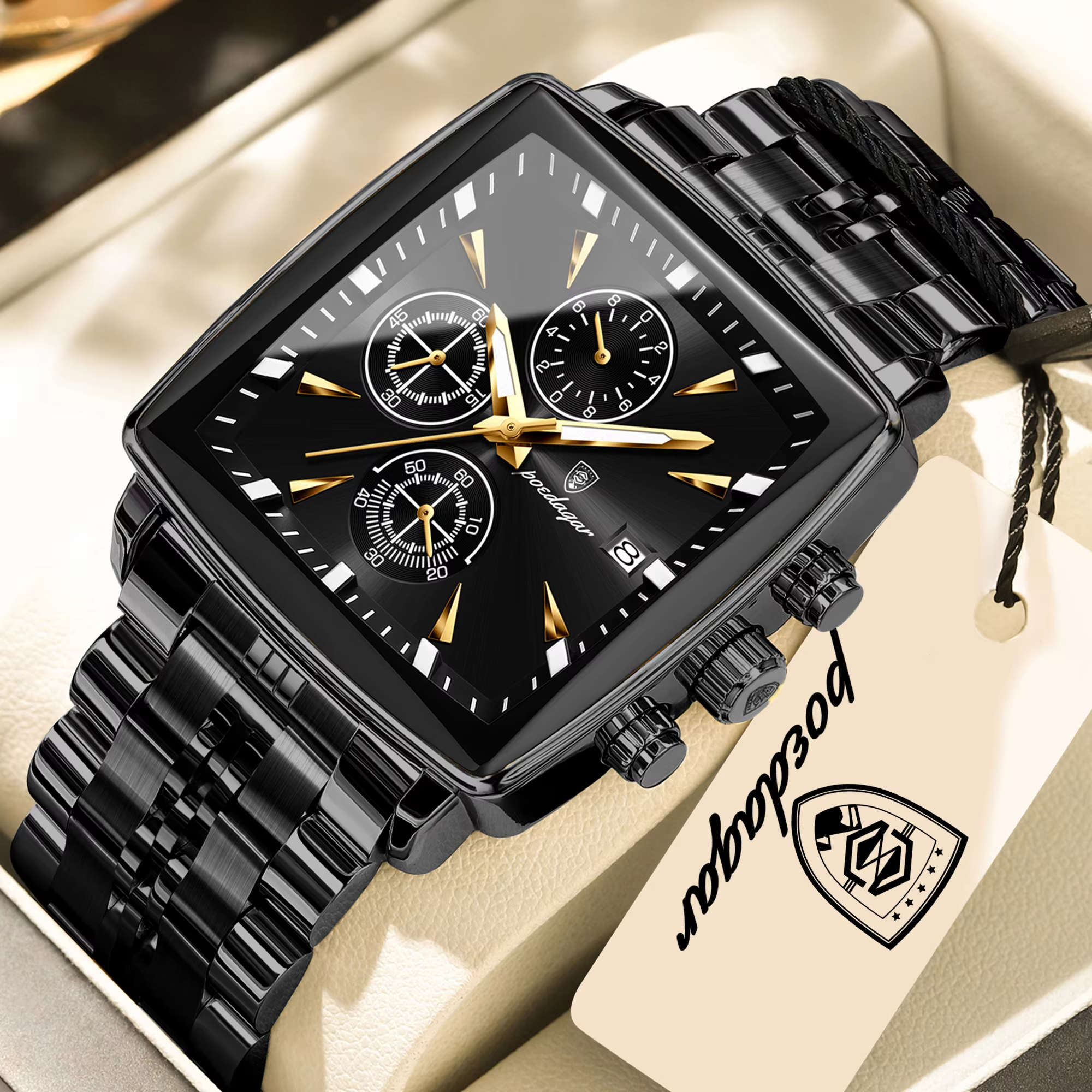 Black POEDAGAR 866 Quartz Chronograph Watch with square case, subdials, and black bracelet.