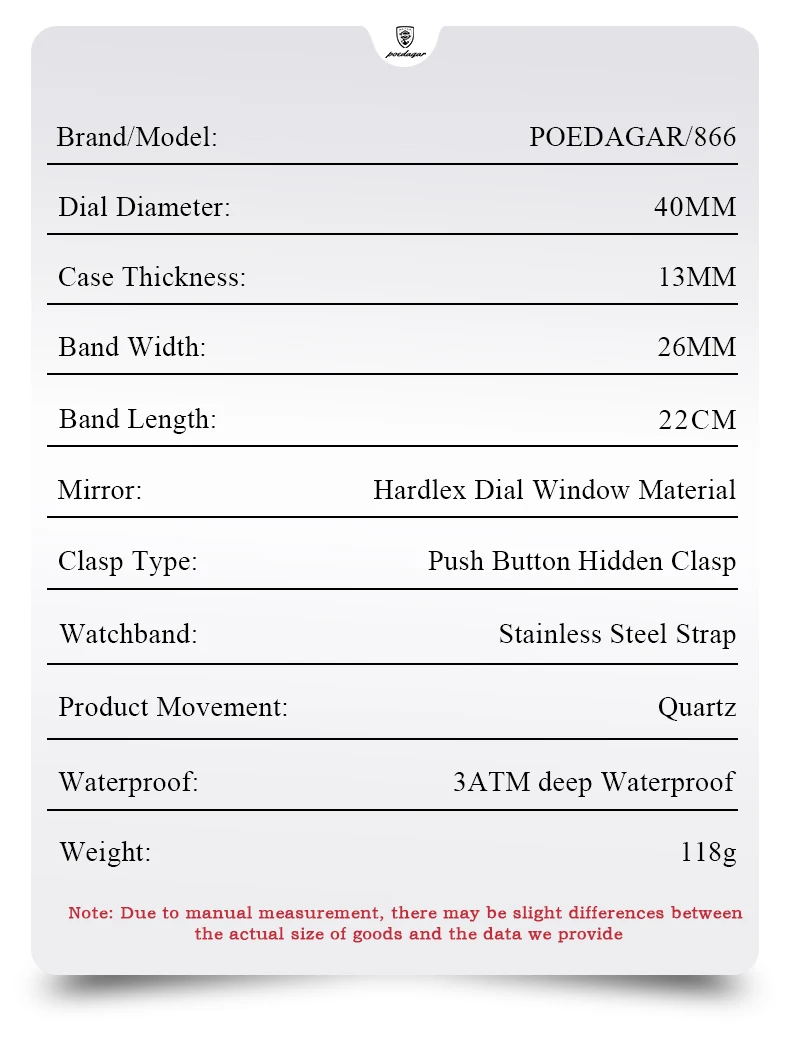 POEDAGAR 866 Quartz Chronograph Watch information.