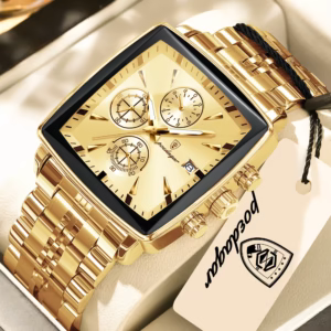 Gold POEDAGAR 866 Quartz Chronograph Watch with a square dial and stainless steel bracelet.
