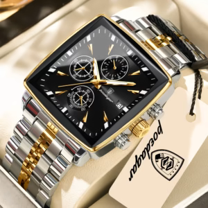 POEDAGAR 866 Quartz Chronograph Watch, gold black variation, with a stainless steel bracelet.