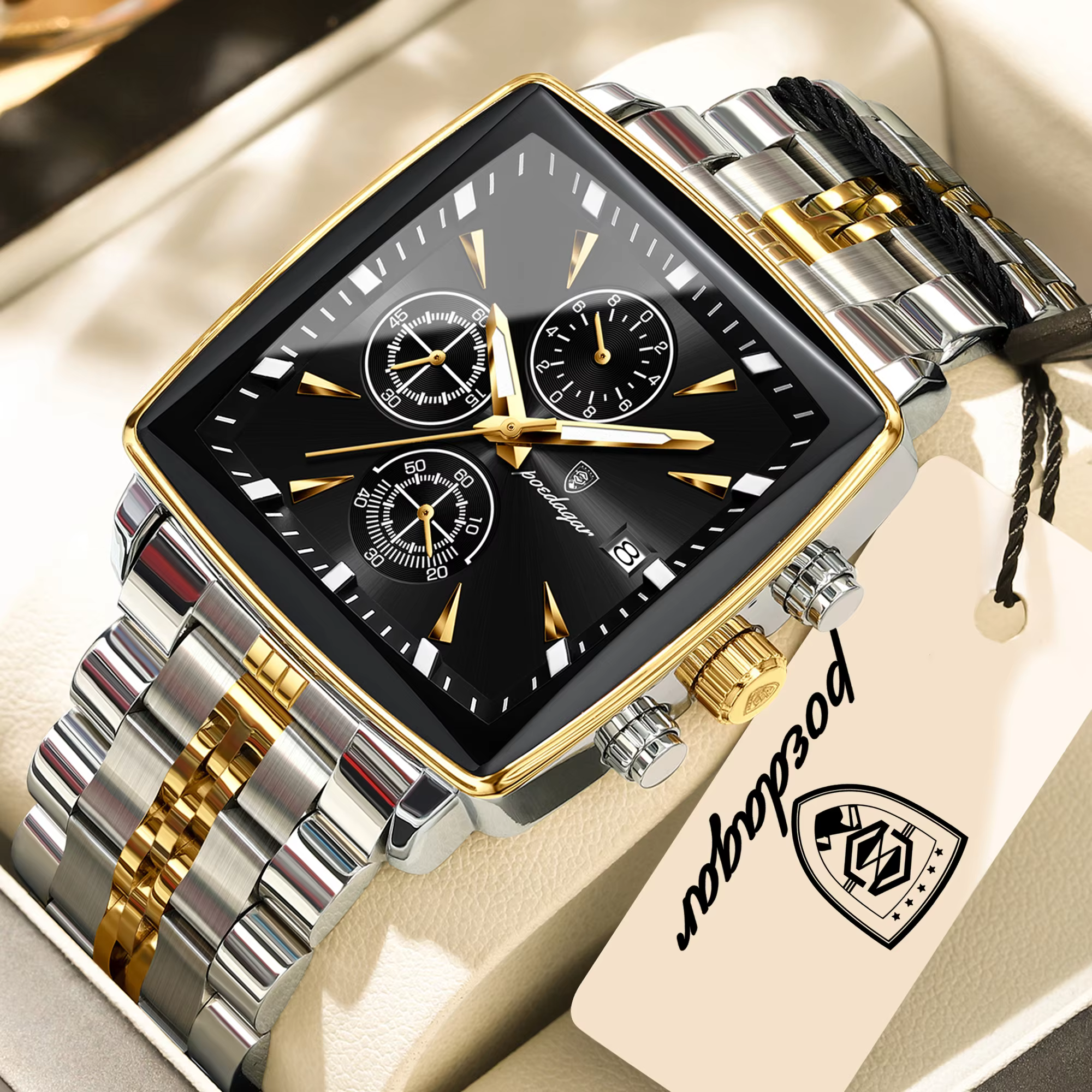 POEDAGAR 866 Quartz Chronograph Watch, gold black variation, with a stainless steel bracelet.