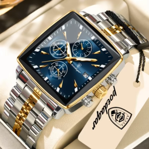 Gold blue POEDAGAR 866 Quartz Chronograph Watch with square case and stainless steel bracelet.