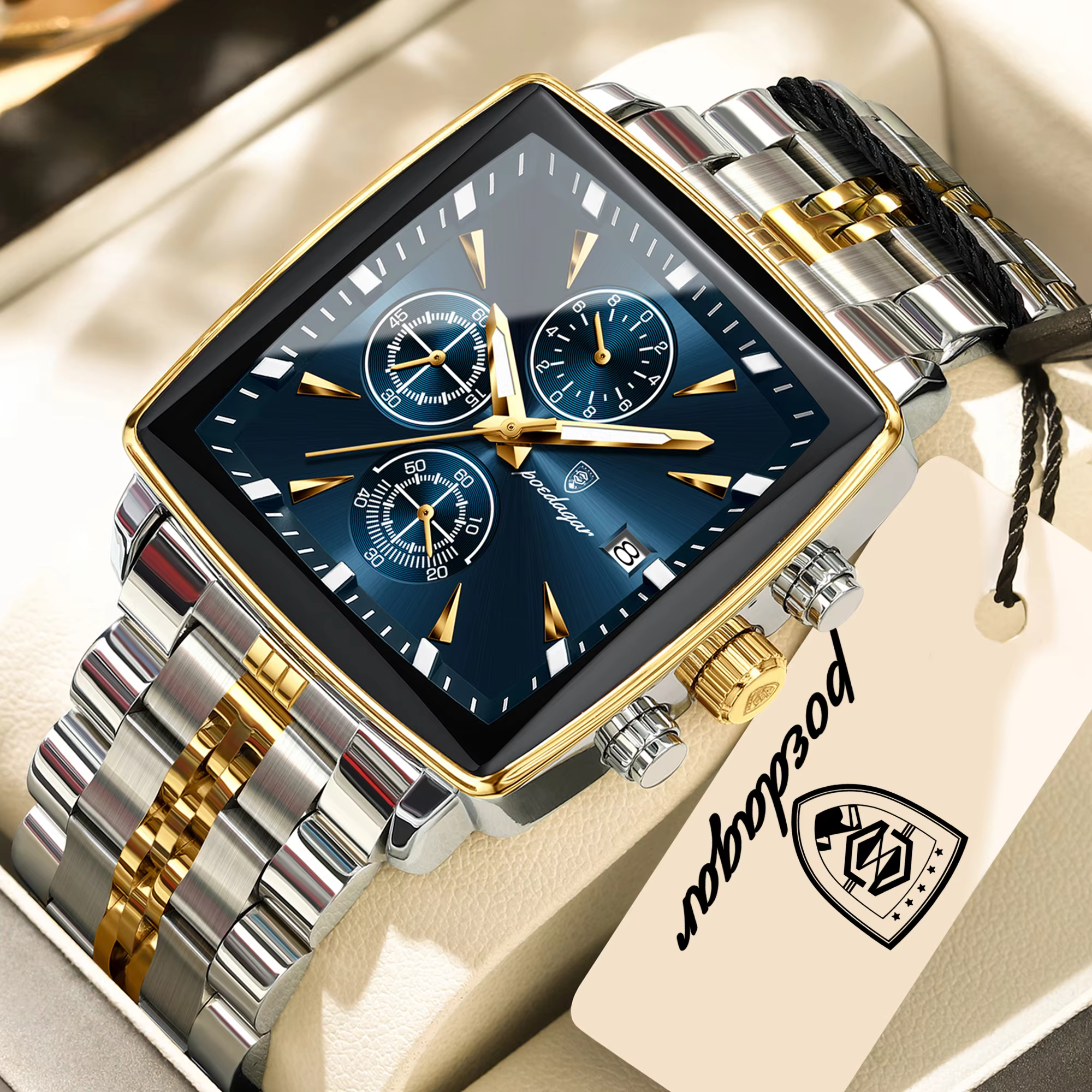 Gold blue POEDAGAR 866 Quartz Chronograph Watch with square case and stainless steel bracelet.