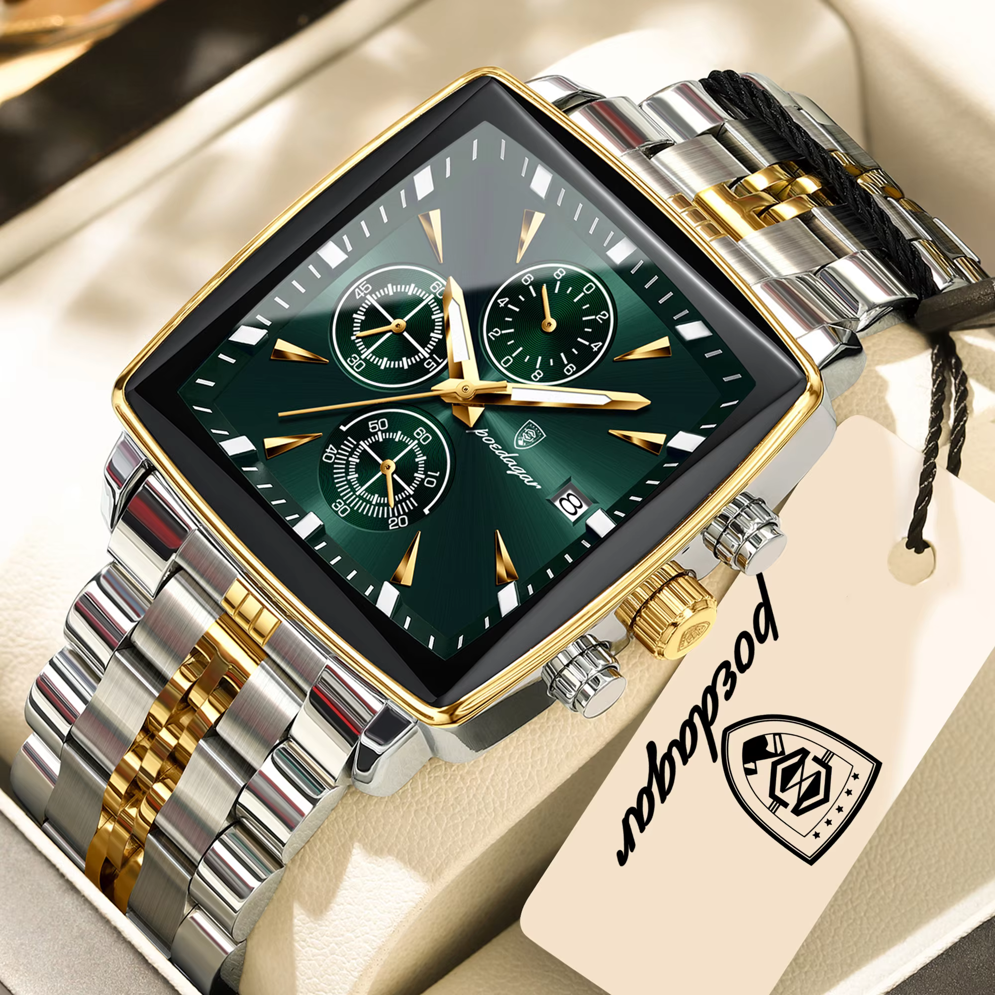 POEDAGAR 866 Quartz Chronograph Watch in gold green with a two-tone stainless steel bracelet.