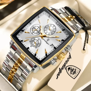 Gold and white POEDAGAR 866 Quartz Chronograph Watch with square dial and two-tone bracelet.