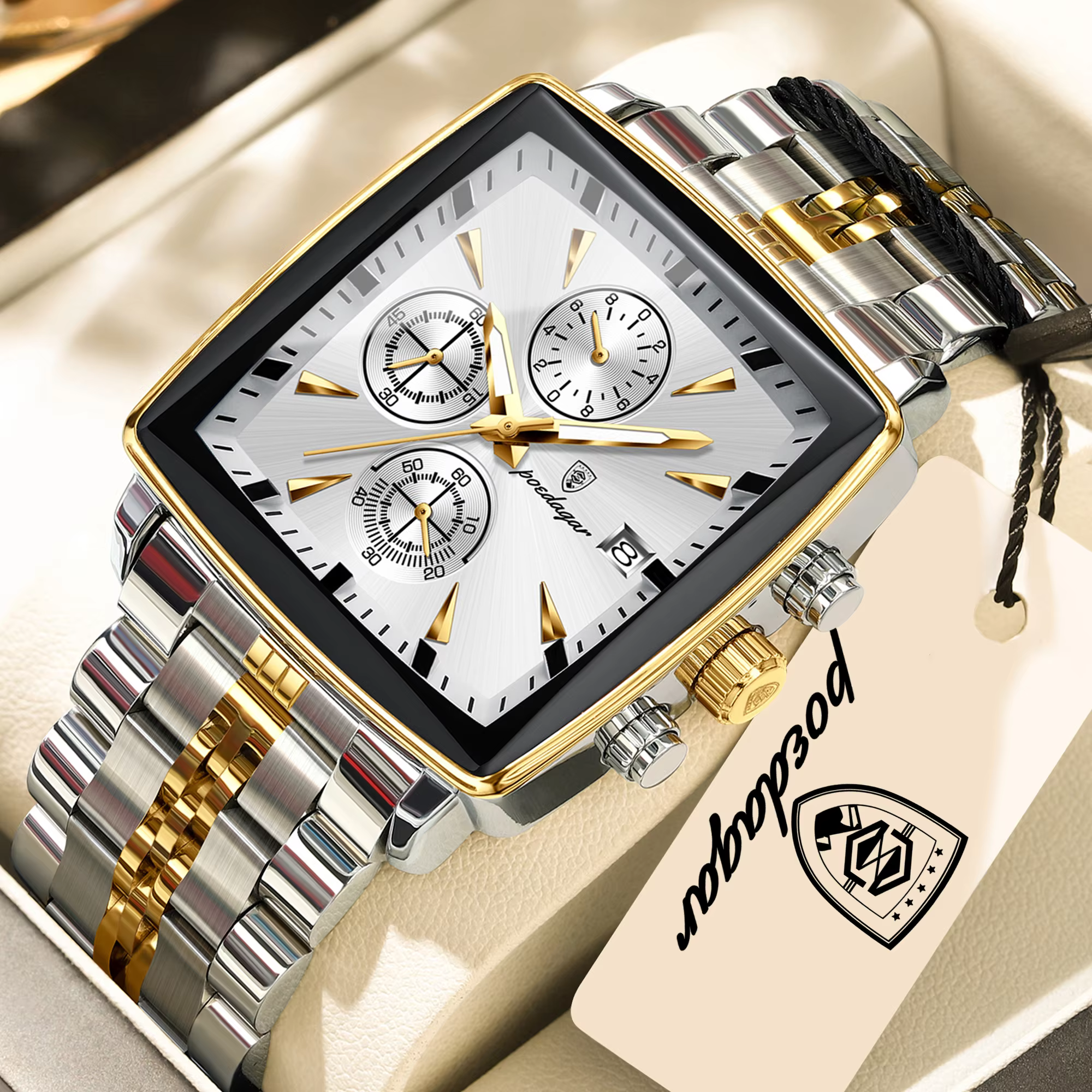 Gold and white POEDAGAR 866 Quartz Chronograph Watch with square dial and two-tone bracelet.