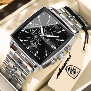 Silver black POEDAGAR 866 Quartz Chronograph Watch with a square stainless steel case.
