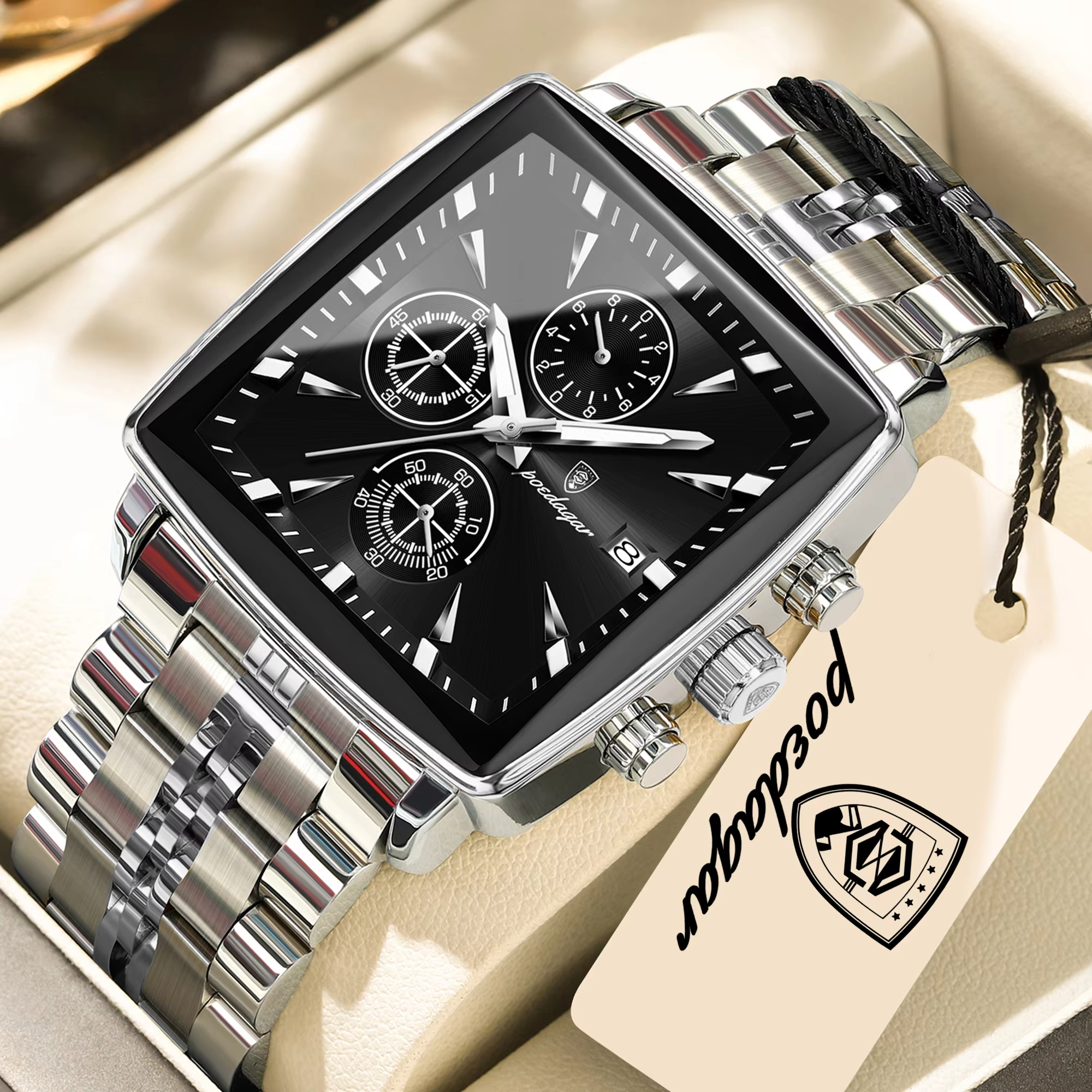 Silver black POEDAGAR 866 Quartz Chronograph Watch with a square stainless steel case.