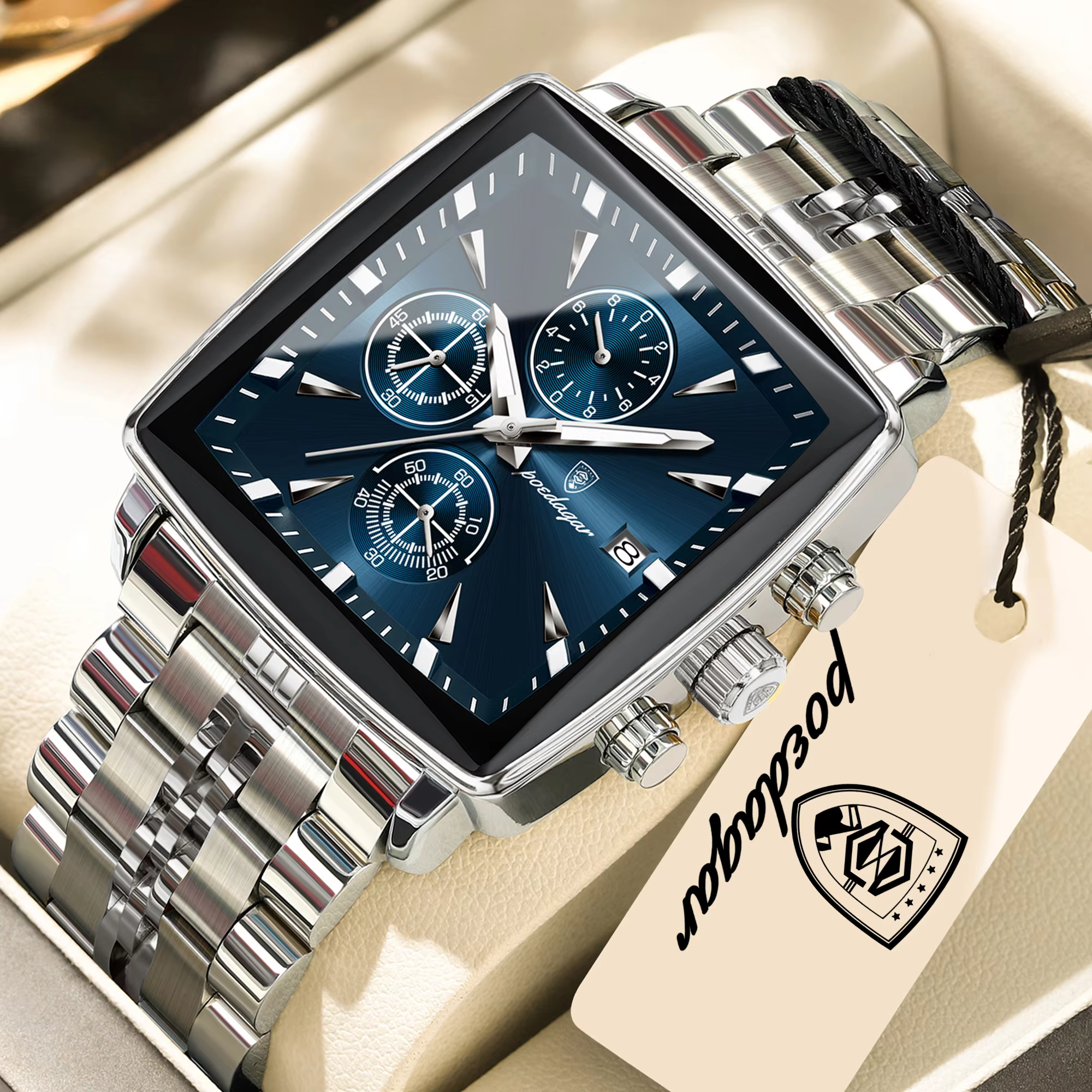 POEDAGAR 866 Quartz Chronograph Watch in silver blue with square case and three subdials.