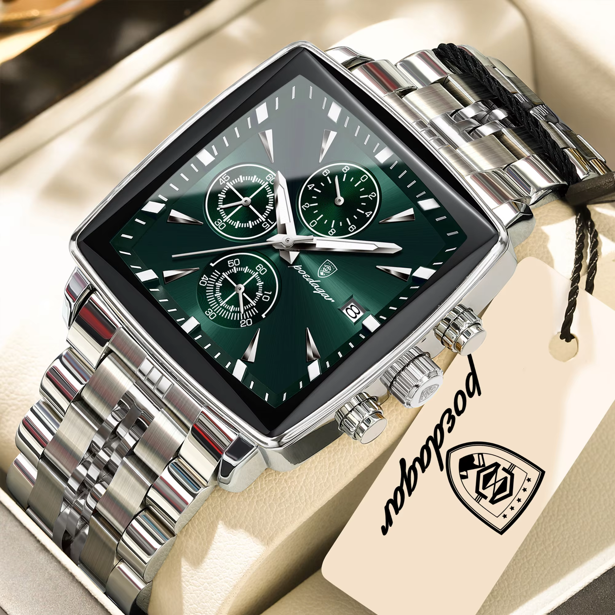 Silver green POEDAGAR 866 Quartz Chronograph Watch with square dial and stainless steel bracelet.