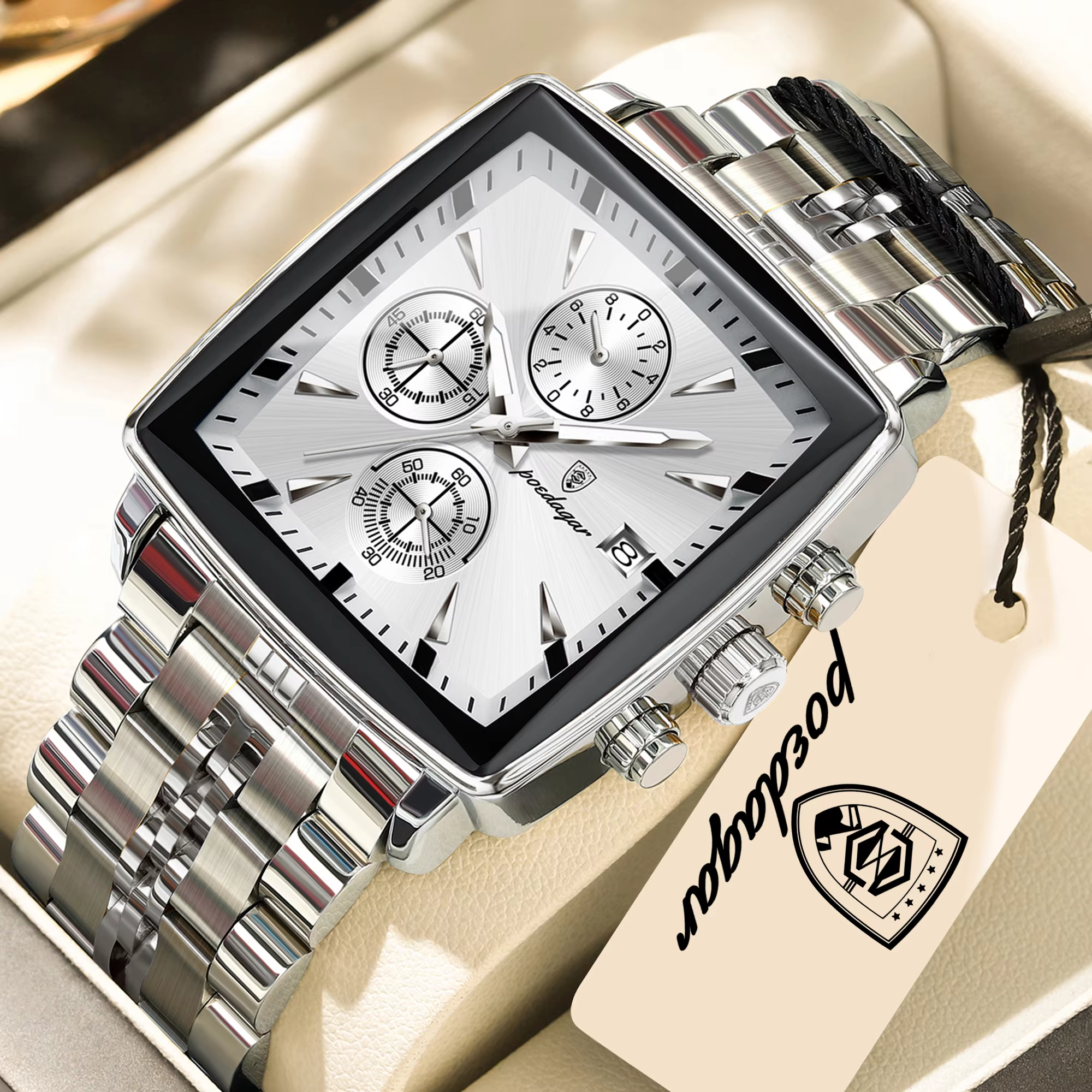 Silver white POEDAGAR 866 Quartz Chronograph Watch with a square dial and stainless steel bracelet.