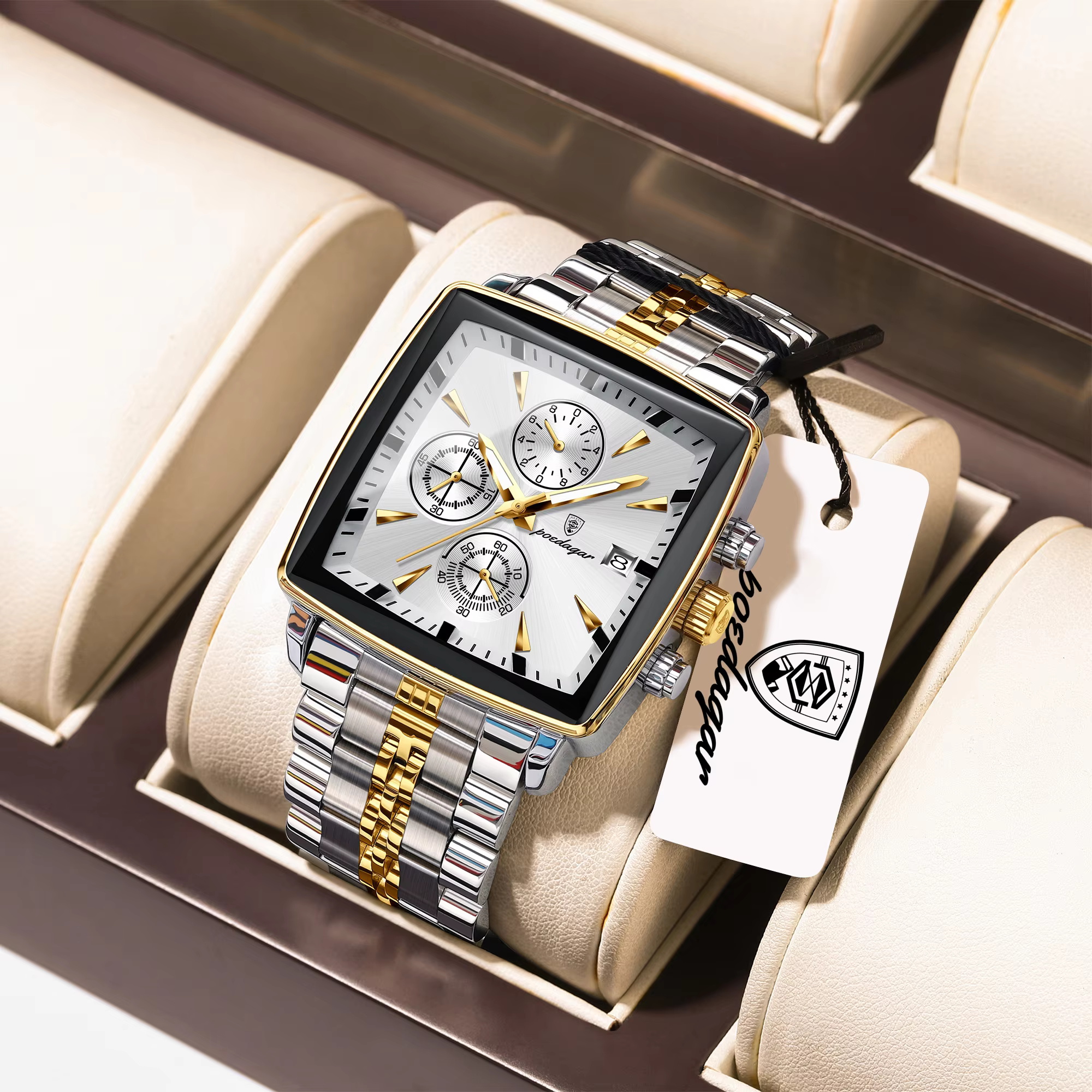 POEDAGAR 866 Quartz Chronograph Watch with a square silver dial and two-tone stainless steel bracelet.