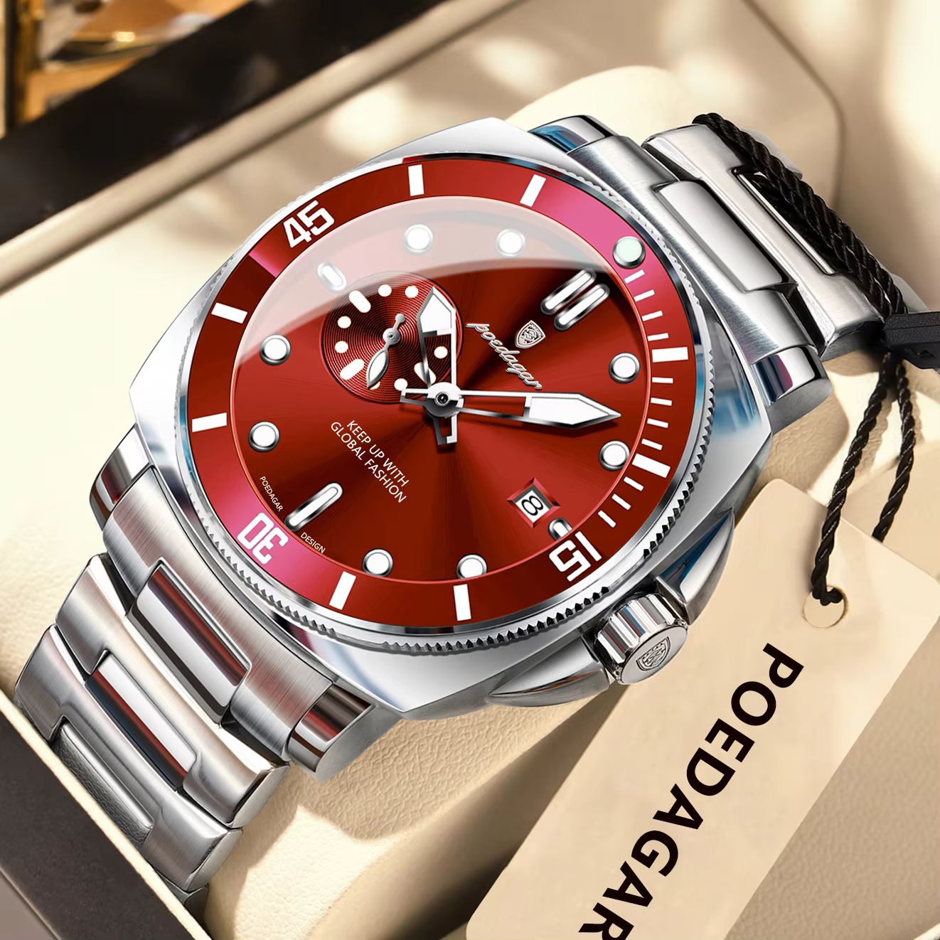 POEDAGAR 873 Quartz Analog Watch with red dial and stainless steel bracelet.