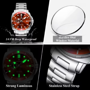 POEDAGAR 873 Quartz Analog Watch showcasing red dial luminous markers and stainless steel strap.