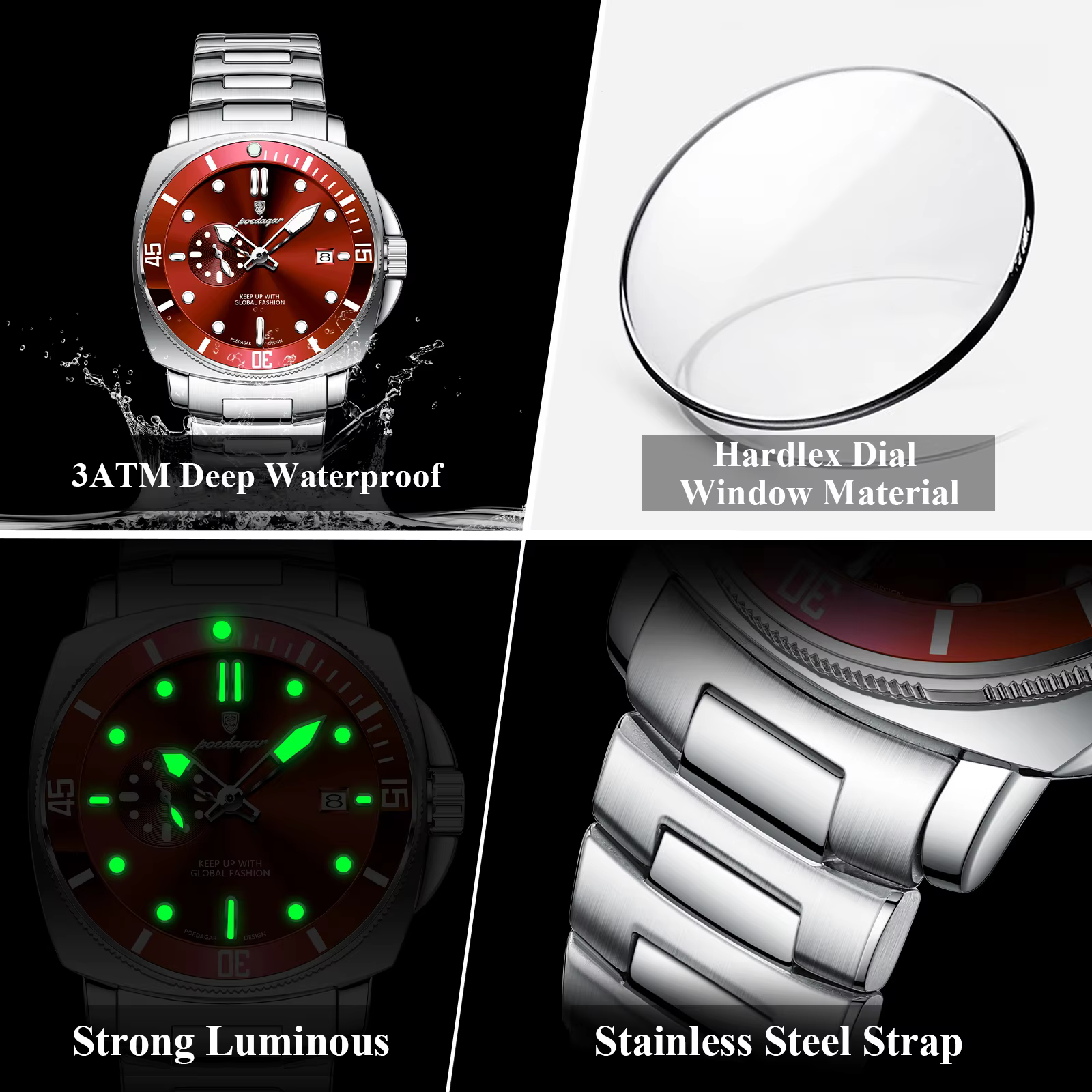 POEDAGAR 873 Quartz Analog Watch showcasing red dial luminous markers and stainless steel strap.