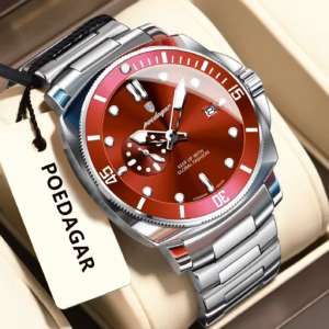 POEDAGAR 873 Quartz Analog Watch with red dial and stainless steel bracelet.