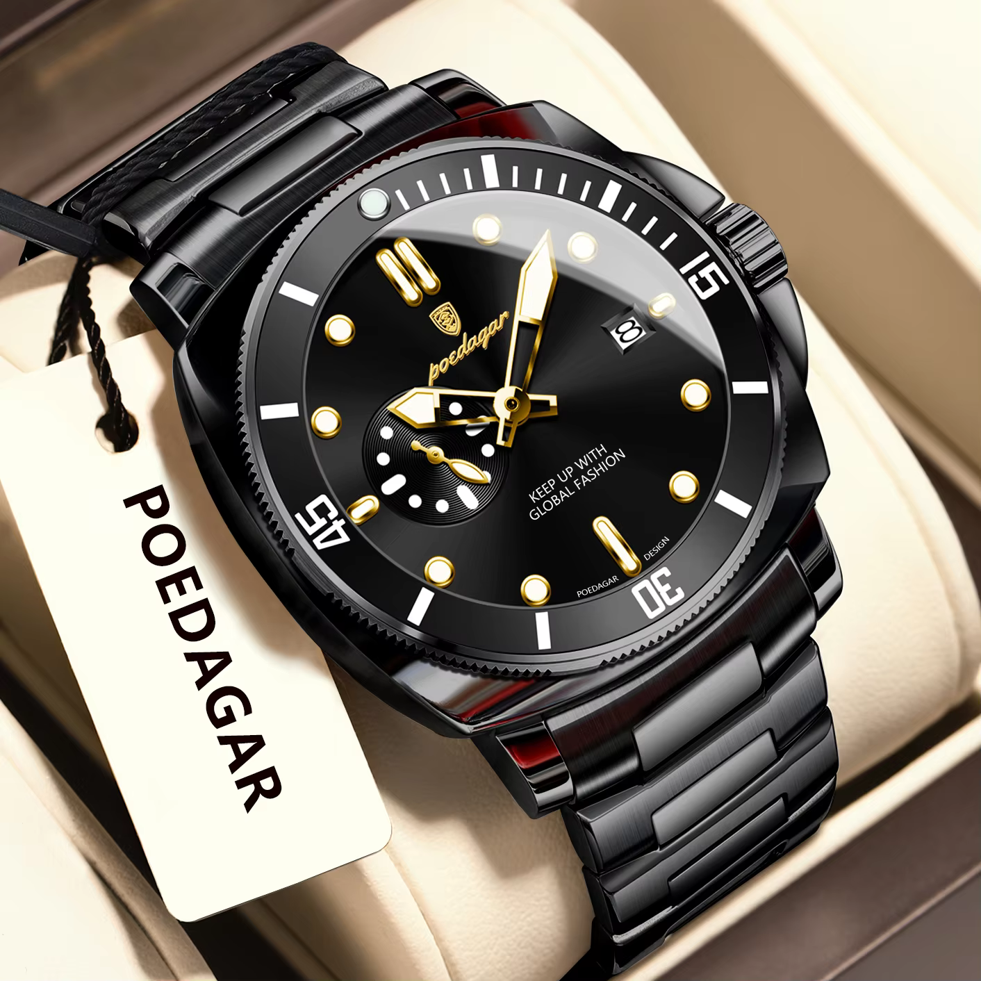 Black POEDAGAR 873 Quartz Analog Watch with a numberless dial and a stainless steel bracelet.