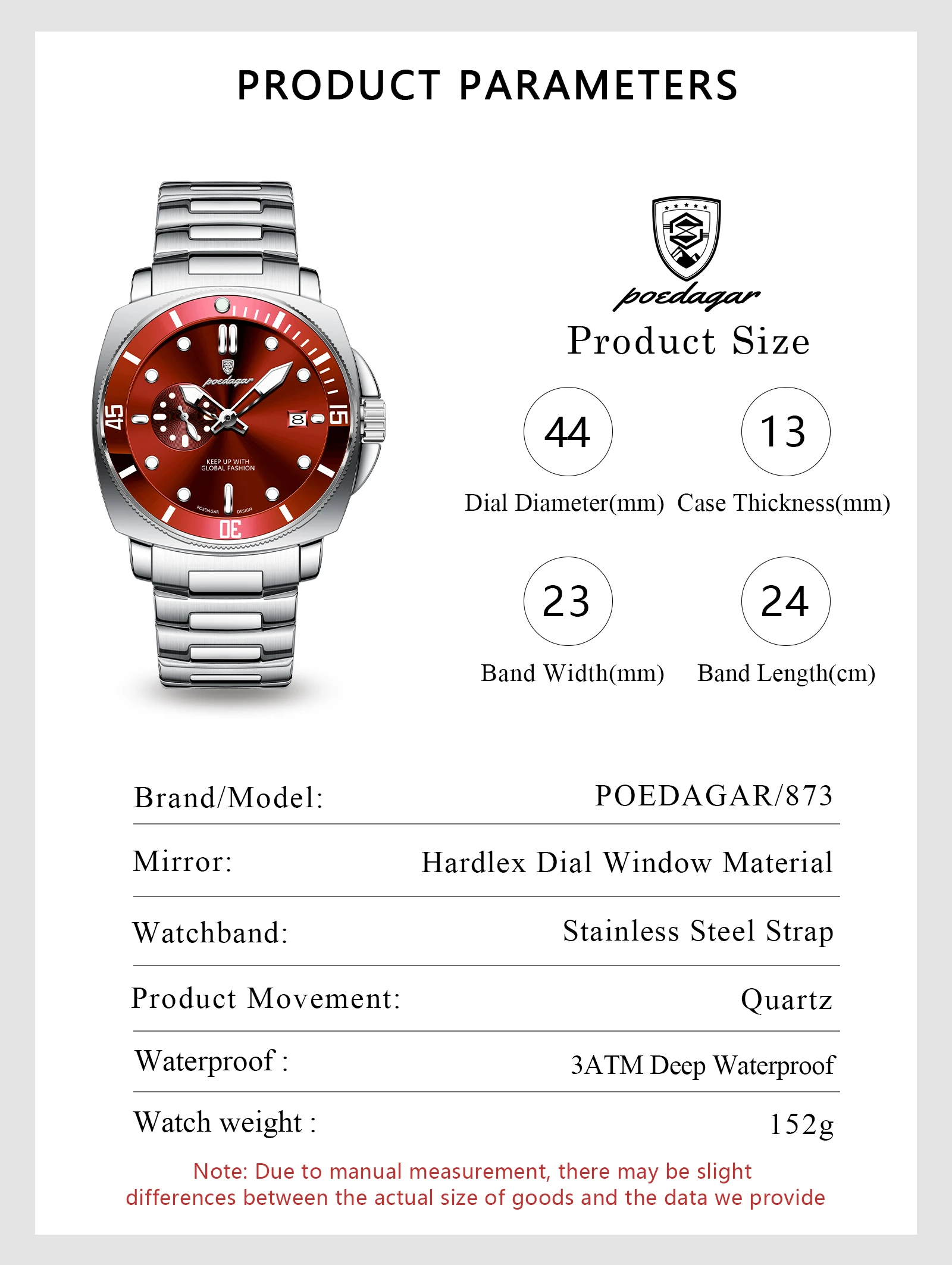 POEDAGAR 873 Quartz Analog Watch information.
