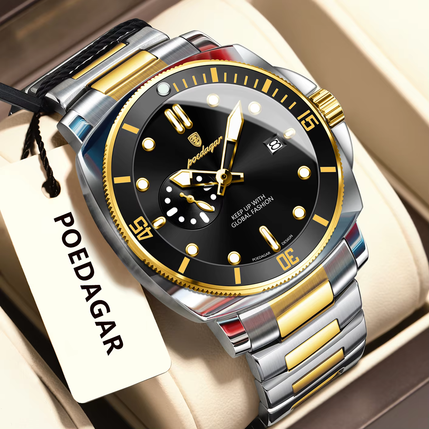 Gold black POEDAGAR 873 Quartz Analog Watch with stainless steel bracelet and numberless dial.