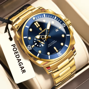 Gold and blue POEDAGAR 873 Quartz Analog Watch with a stainless steel bracelet.