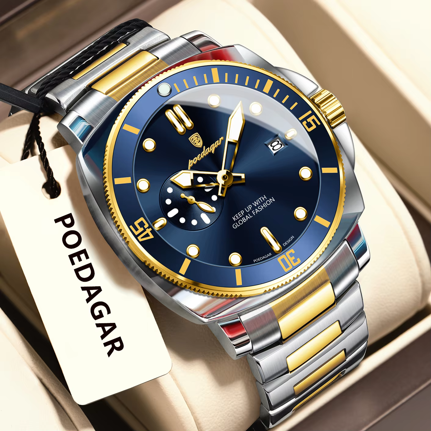 POEDAGAR 873 Quartz Analog Watch in gold blue with a stainless steel bracelet.