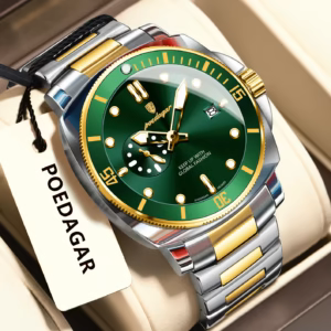 POEDAGAR 873 Quartz Analog Watch in gold green with a stainless steel bracelet.