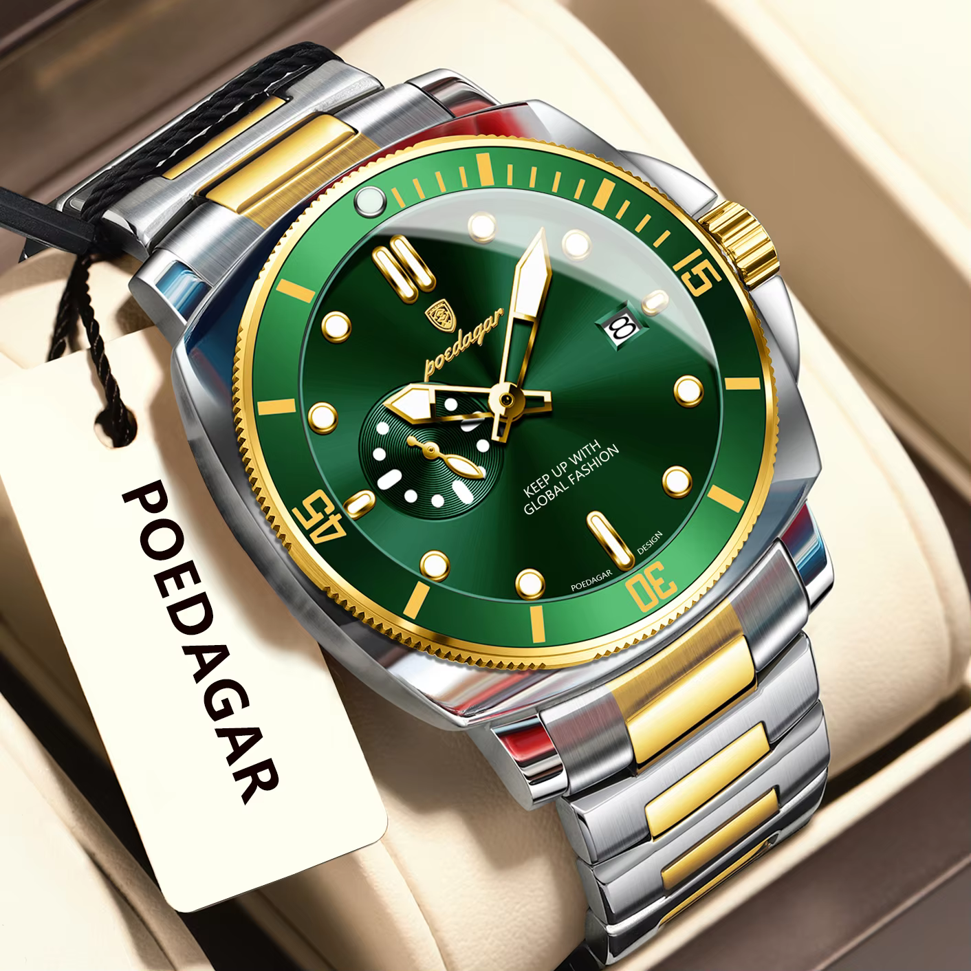 POEDAGAR 873 Quartz Analog Watch in gold green with a stainless steel bracelet.