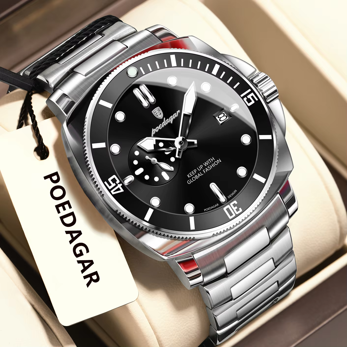 Silver black POEDAGAR 873 Quartz Analog Watch with a stainless steel bracelet and black dial.
