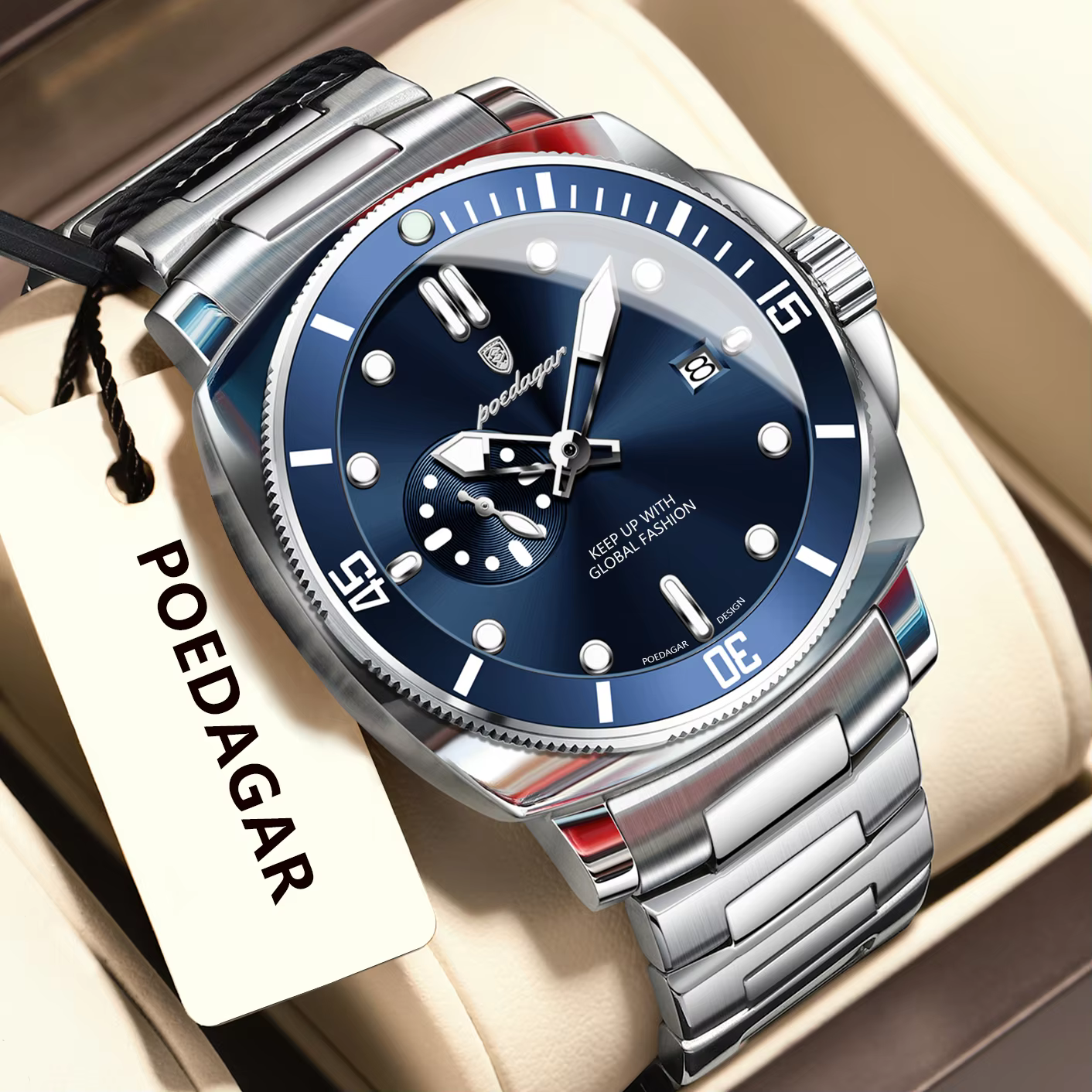 Silver blue POEDAGAR 873 Quartz Analog Watch with a stainless steel bracelet.
