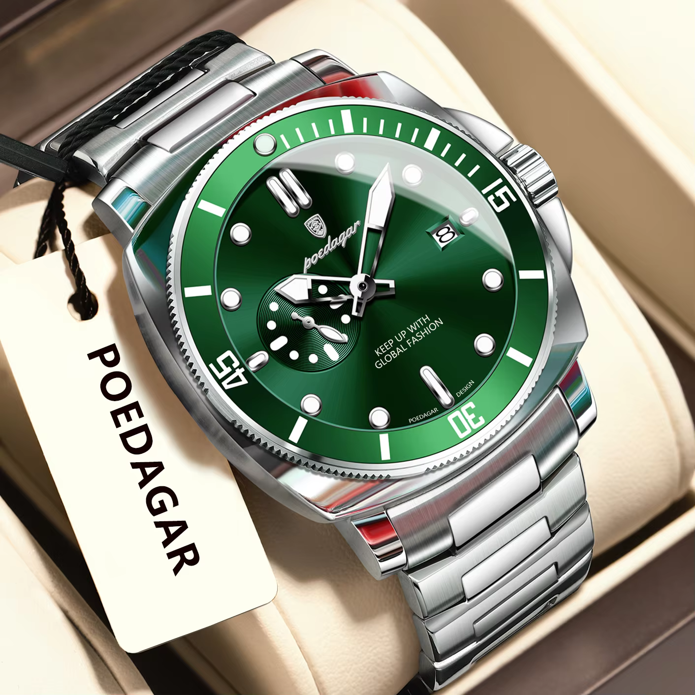 POEDAGAR 873 Quartz Analog Watch with a silver stainless steel bracelet and a green dial.