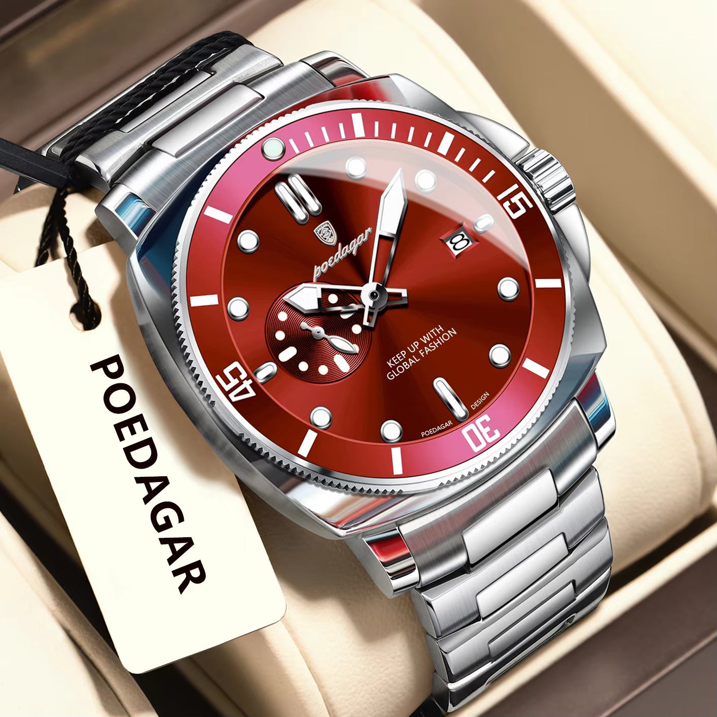 POEDAGAR 873 Quartz Analog Watch in silver red with a stainless steel bracelet.