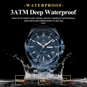 Blue POEDAGAR 896 Quartz Analog Watch splashing in water, highlighting 3ATM waterproof feature.