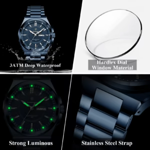 Blue POEDAGAR 896 Quartz Analog Watch highlighting waterproof, Hardlex, luminous, and stainless steel features.