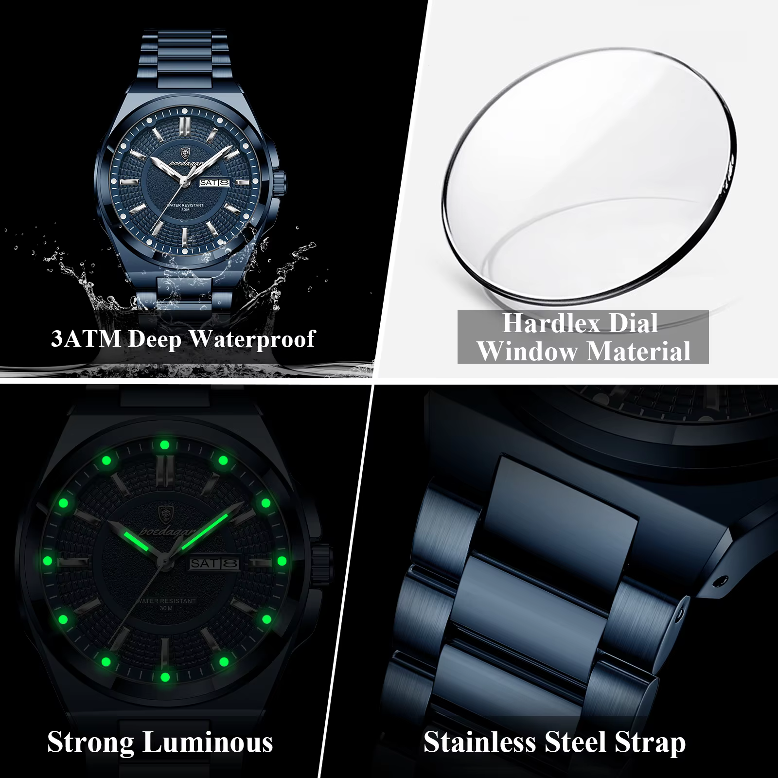 Blue POEDAGAR 896 Quartz Analog Watch highlighting waterproof, Hardlex, luminous, and stainless steel features.