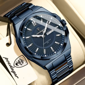 Blue POEDAGAR 896 Quartz Analog Watch with textured dial and date display.