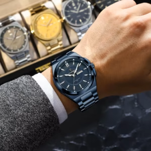 POEDAGAR 896 Quartz Analog Watch with blue dial and band worn on a wrist.