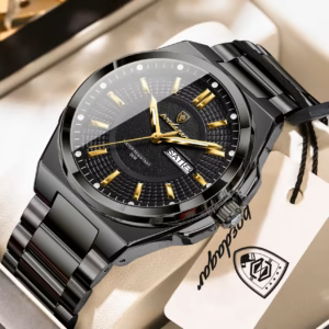 POEDAGAR 896 Quartz Analog Watch in black with gold markers and hands.