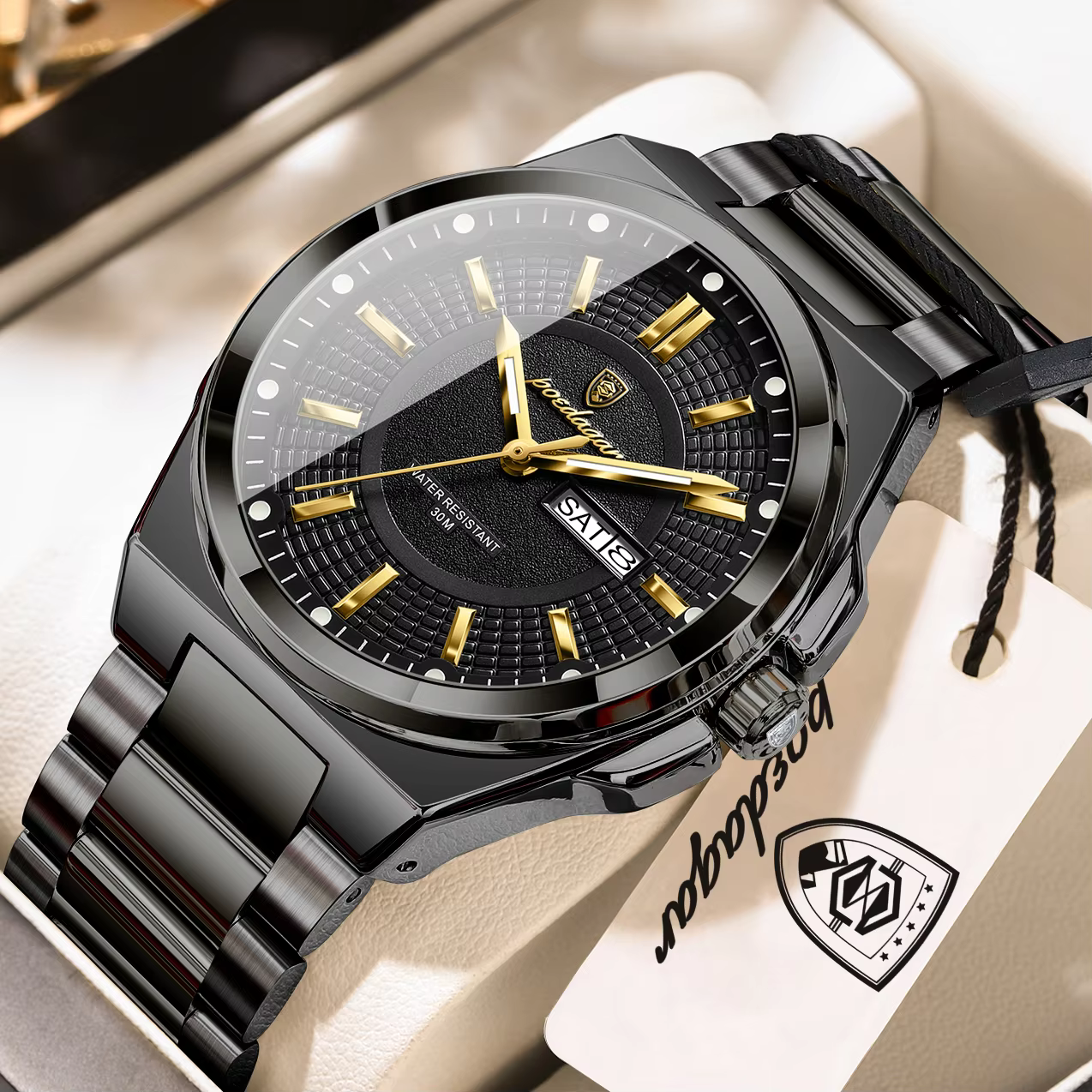 POEDAGAR 896 Quartz Analog Watch in black with gold markers and hands.