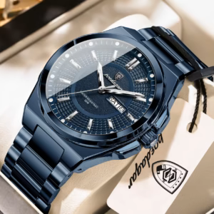 POEDAGAR 896 Quartz Analog Watch in blue with a stainless steel band and date display.
