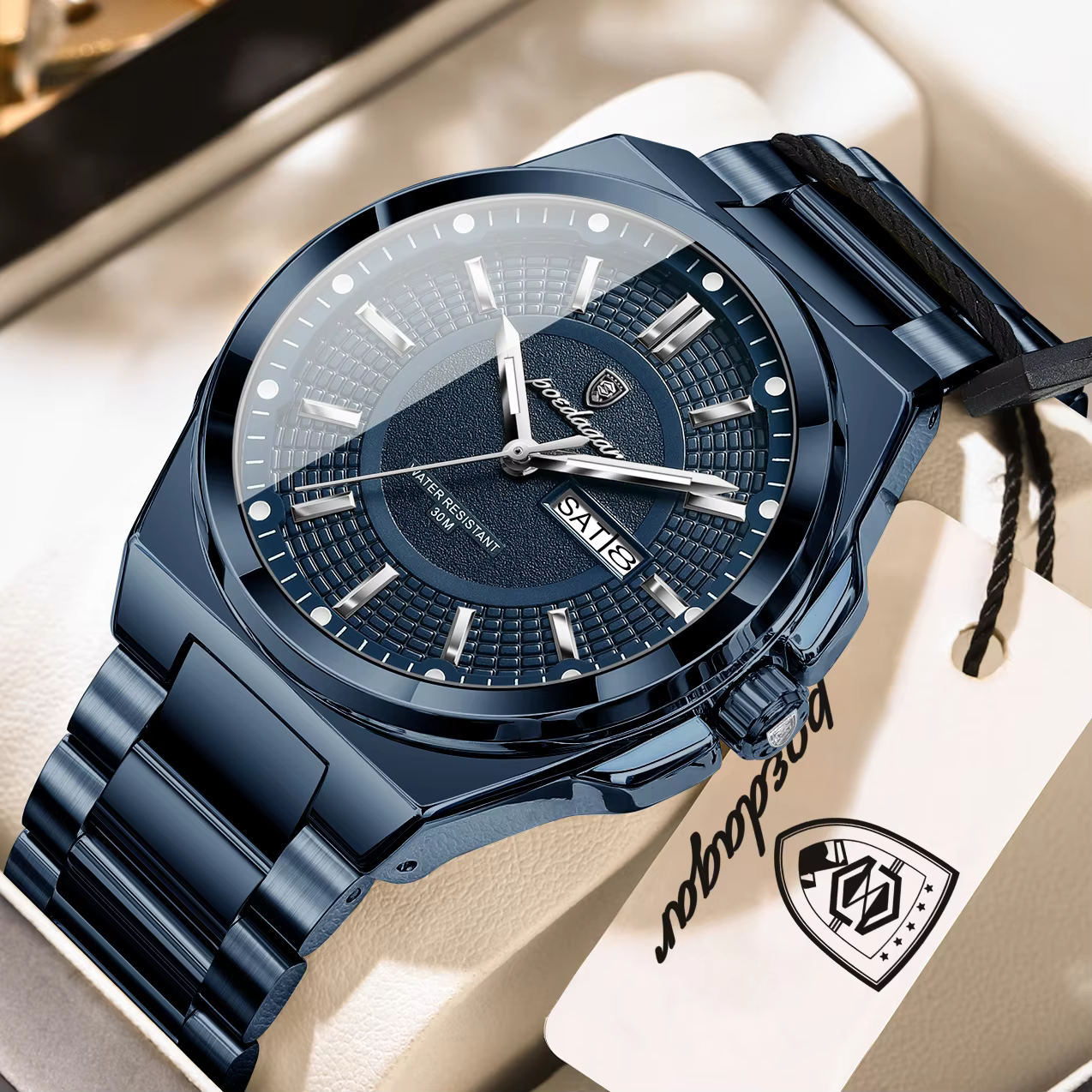 POEDAGAR 896 Quartz Analog Watch in blue with a stainless steel band and date display.
