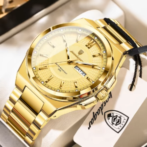 POEDAGAR 896 Quartz Analog Watch in gold with a stainless steel band and date display.