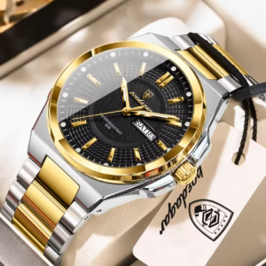 Gold black variation of the POEDAGAR 896 Quartz Analog Watch with a stainless steel band.