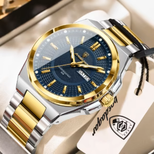 Gold blue POEDAGAR 896 Quartz Analog Watch with a stainless steel band.