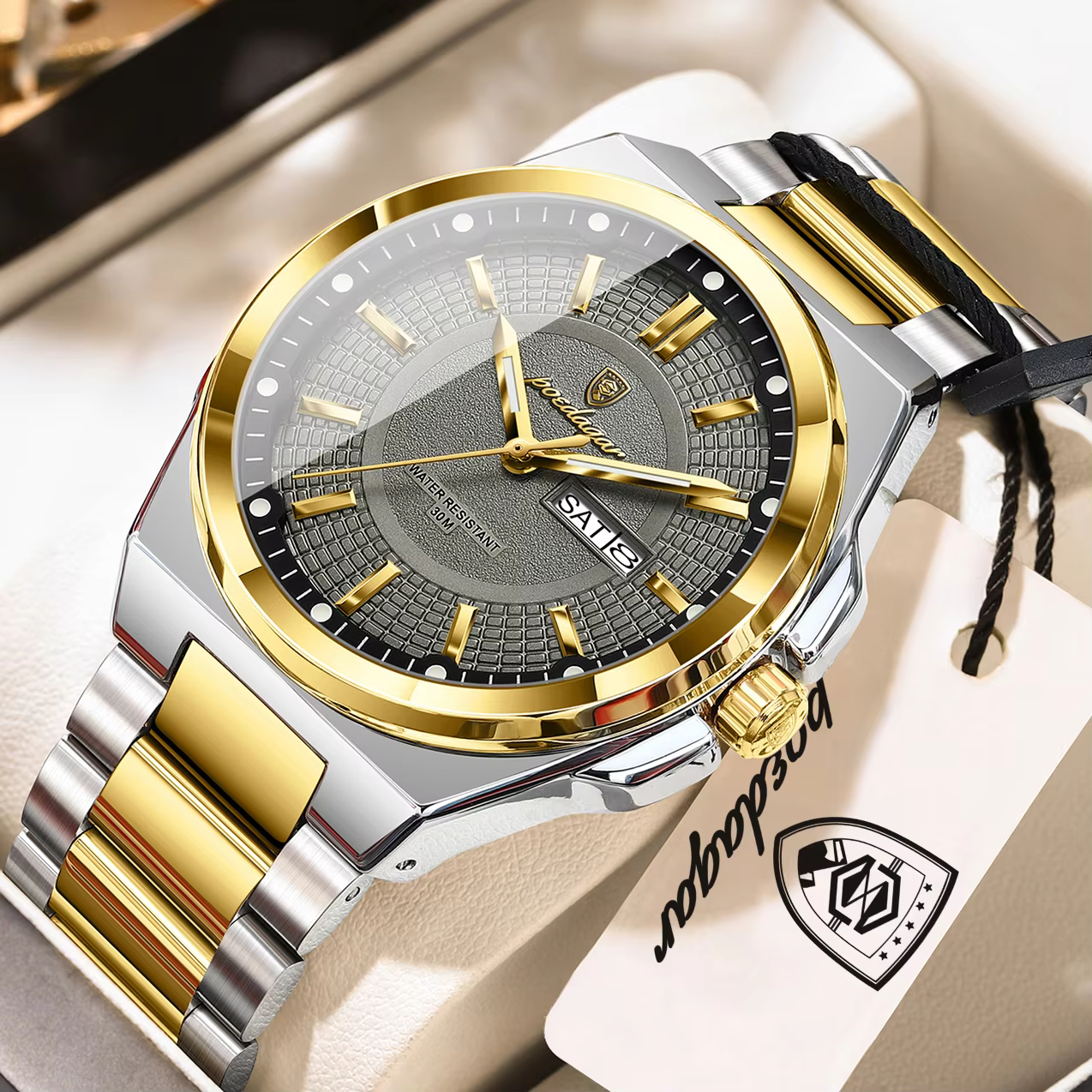 POEDAGAR 896 Quartz Analog Watch in a gold gray variation with a stainless steel band.