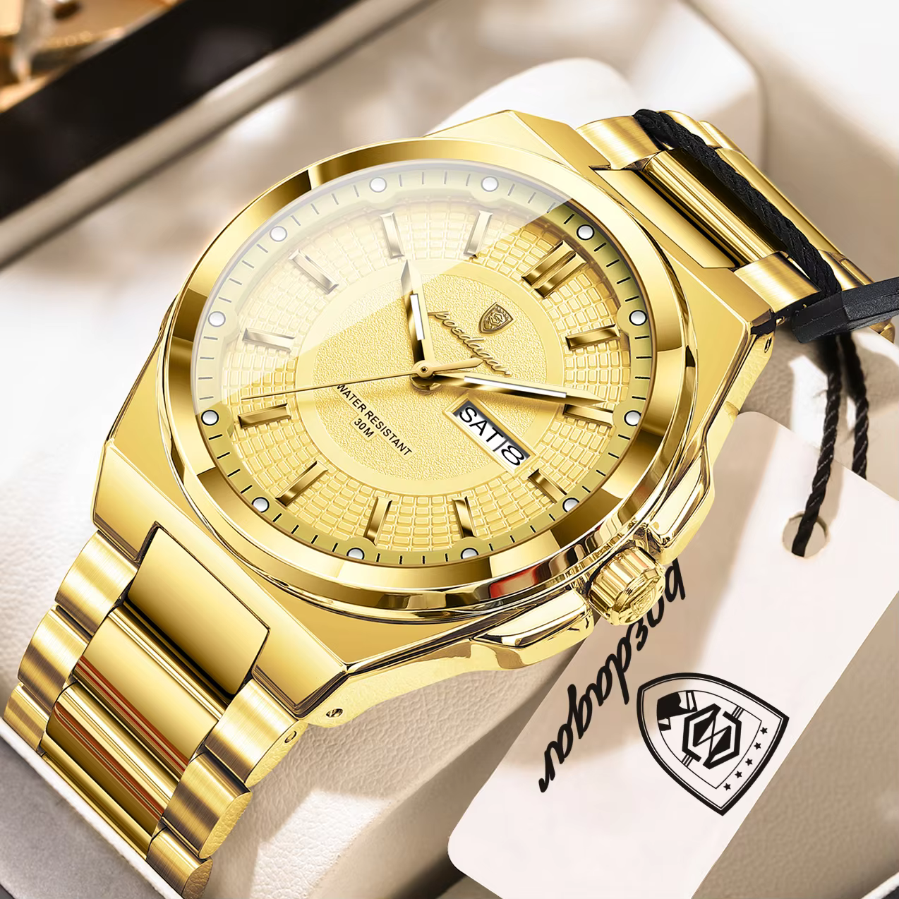 POEDAGAR 896 Quartz Analog Watch in gold with a stainless steel band and date display.